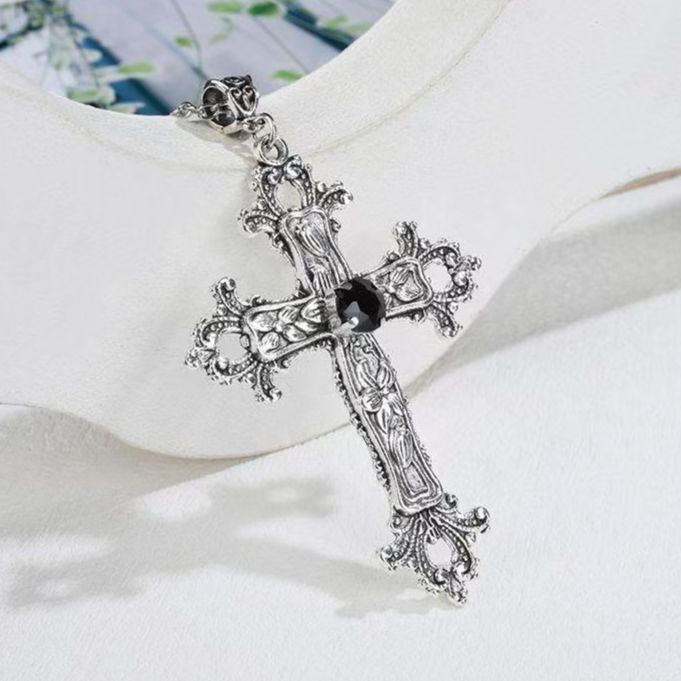 Goth Floral Cross Necklace